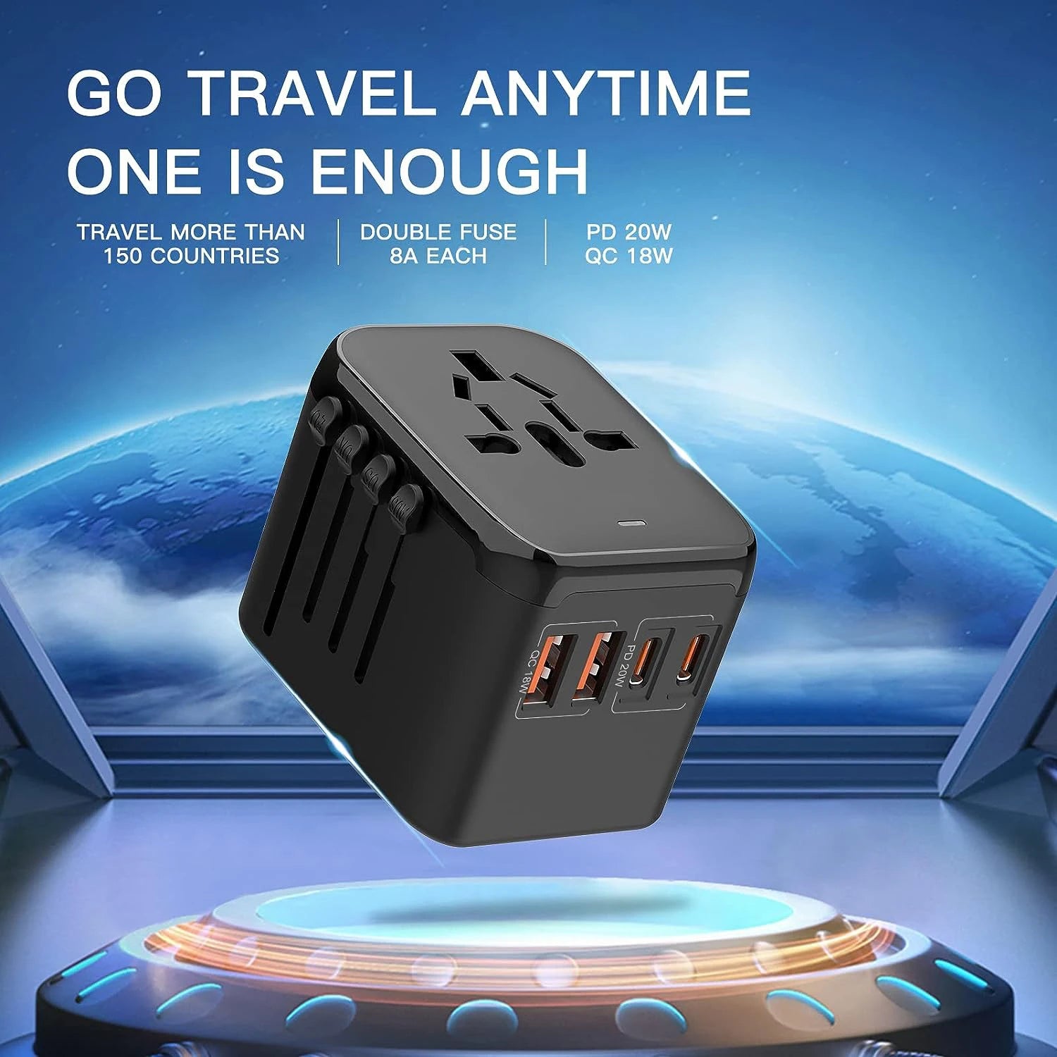 GaN 20W International Power Adapter,2 USB-C & 2 USB-A Fast Charging Travel Charger,Outlet Adapter Travel for Europe EU UK USA AU