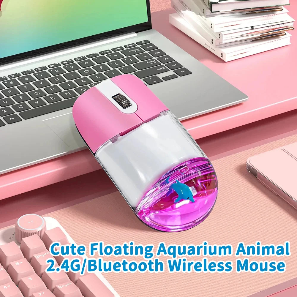 Frutiger Aero Aqua Liquid Mouse Cute Floating Aquarium Animal 2.4G+Bluetooth Wireless Optical Ocean Doll Mice For Laptop Desktop