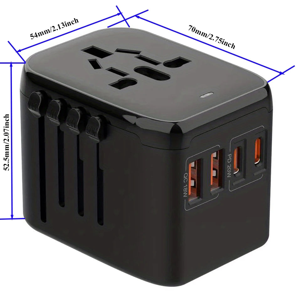 GaN 20W International Power Adapter,2 USB-C & 2 USB-A Fast Charging Travel Charger,Outlet Adapter Travel for Europe EU UK USA AU