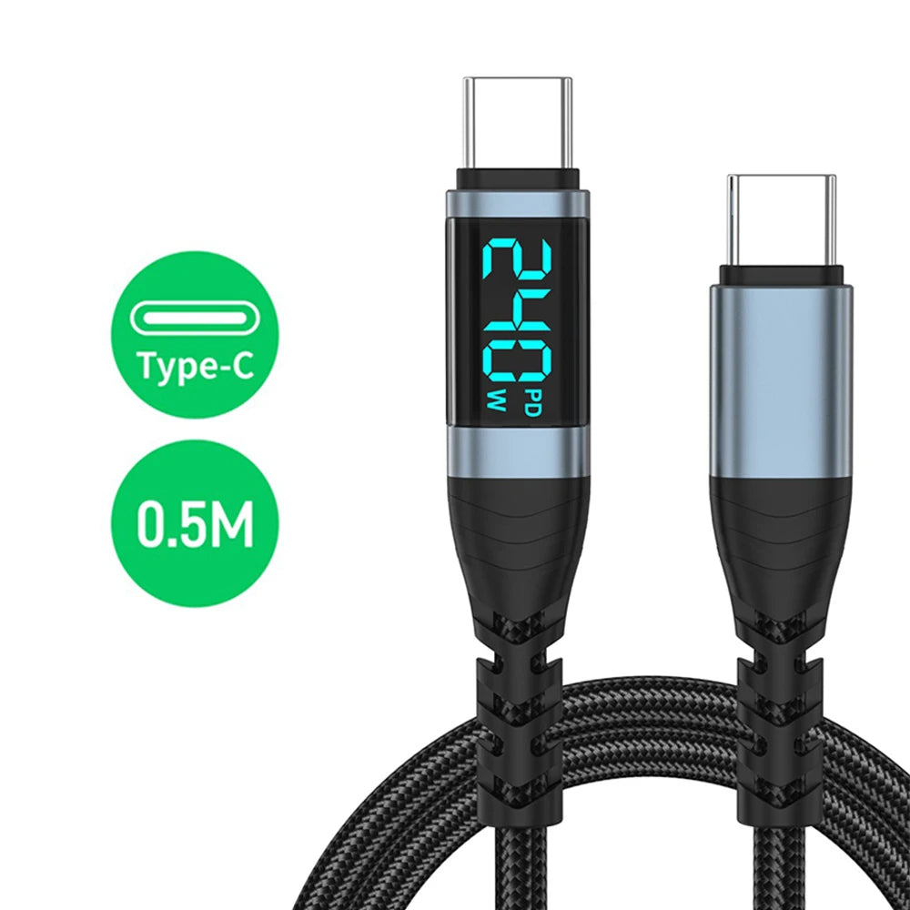 240W Type C to Type C Super Charge Digital Display Cable 0.5m-2m USB C Data Cable For Iphone 15 16 Samsung s24 s23 Huawei Xiaomi